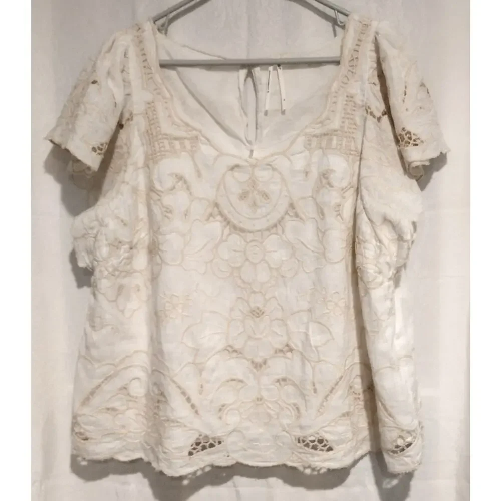 Anthropologie XL Lainie Embroidered Lace Cutwork Blouse Cream Boho Chic Coastal - Picture 1 of 10